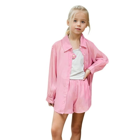 

QBGSAY Little Child Outfits Sets Kids Girl Summer Clothes Long Sleeve Button Down Shirt Coat Tank Tops Shorts 3Pcs Outfits Set Outfits