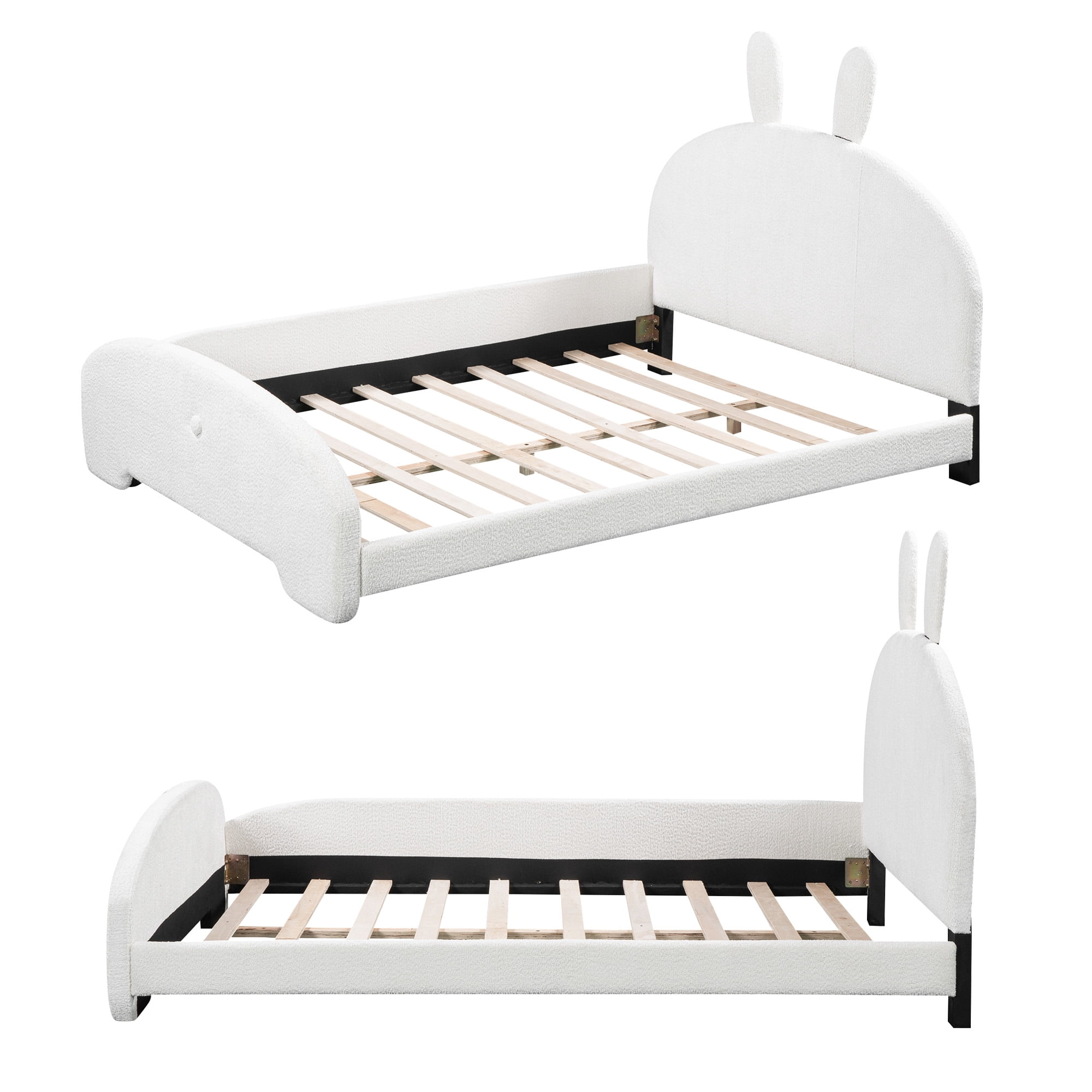 Aukfa Full Size Upholstered Platform Bed with Cartoon Bunny Ears Headboard for Kids Girls, White