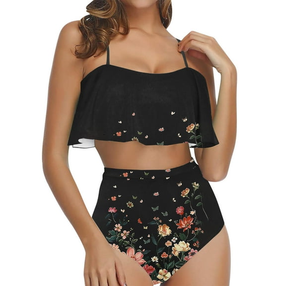 Hvot&aat Women Two Piece Ruffle High Waisted Bikini Set Spaghetti Straps Retro Floral Printed Bathing Suits Lightweight Swimsuit