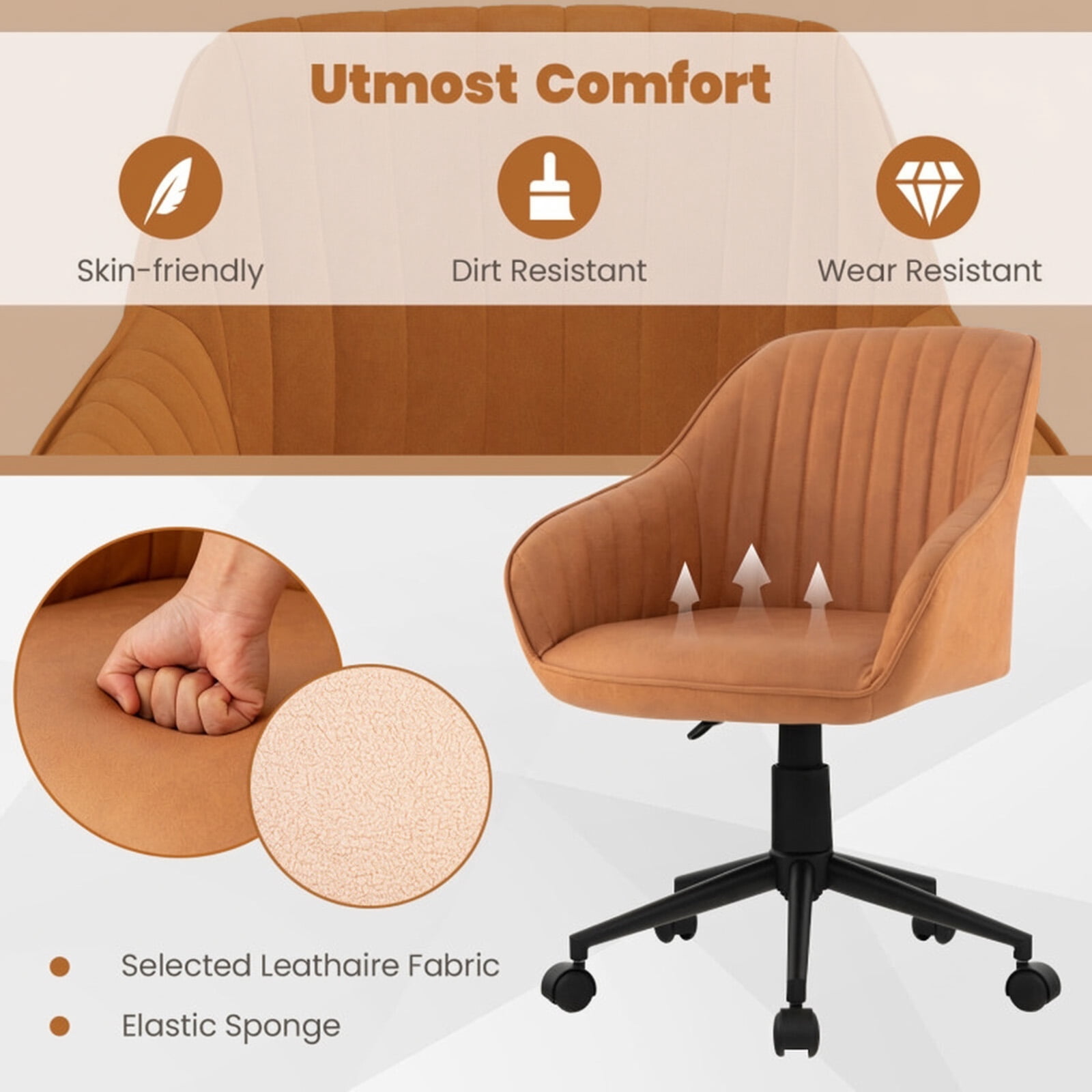 Furnibear Modern Home Office Chair Ergonomic PU Leather Swivel Task Chair Adjustable Height Computer Desk Chair with Curved Backrest, Brown