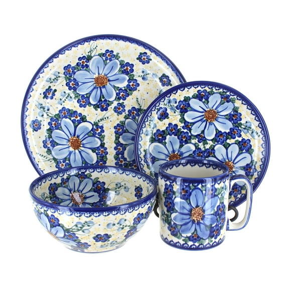Blue Rose Polish Pottery Daisy Surprise 4 Piece Place Setting - Service for 1