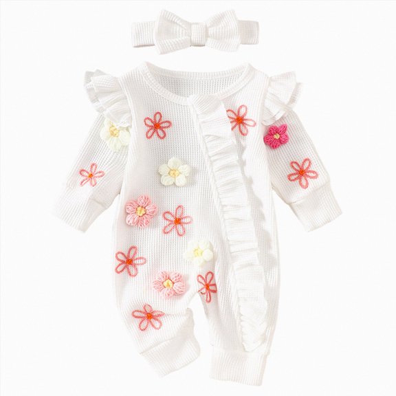 mgoYE Baby Girl Fall Winter Outfits Clothes Knit Jumpsuit Ruffle Romper Coming Home Outfit for Baby Girl