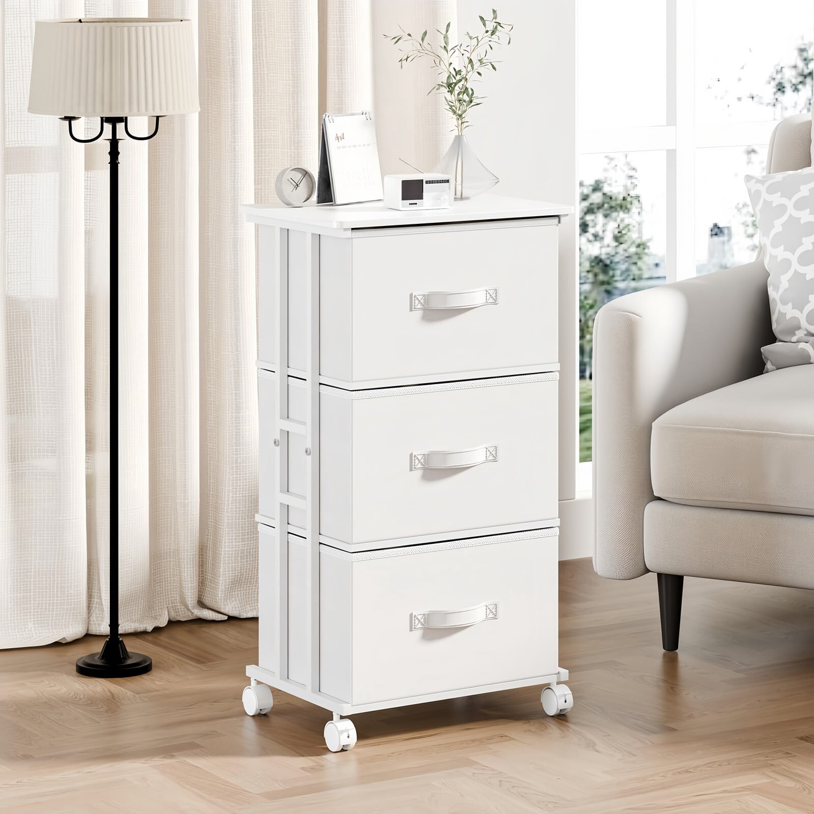 BEAUTYPEAK 3 Drawer Rolling Fabric Dresser Mobile Nightstand Storage Cabinet with Lockable Casters for Bedroom Closet Office, White