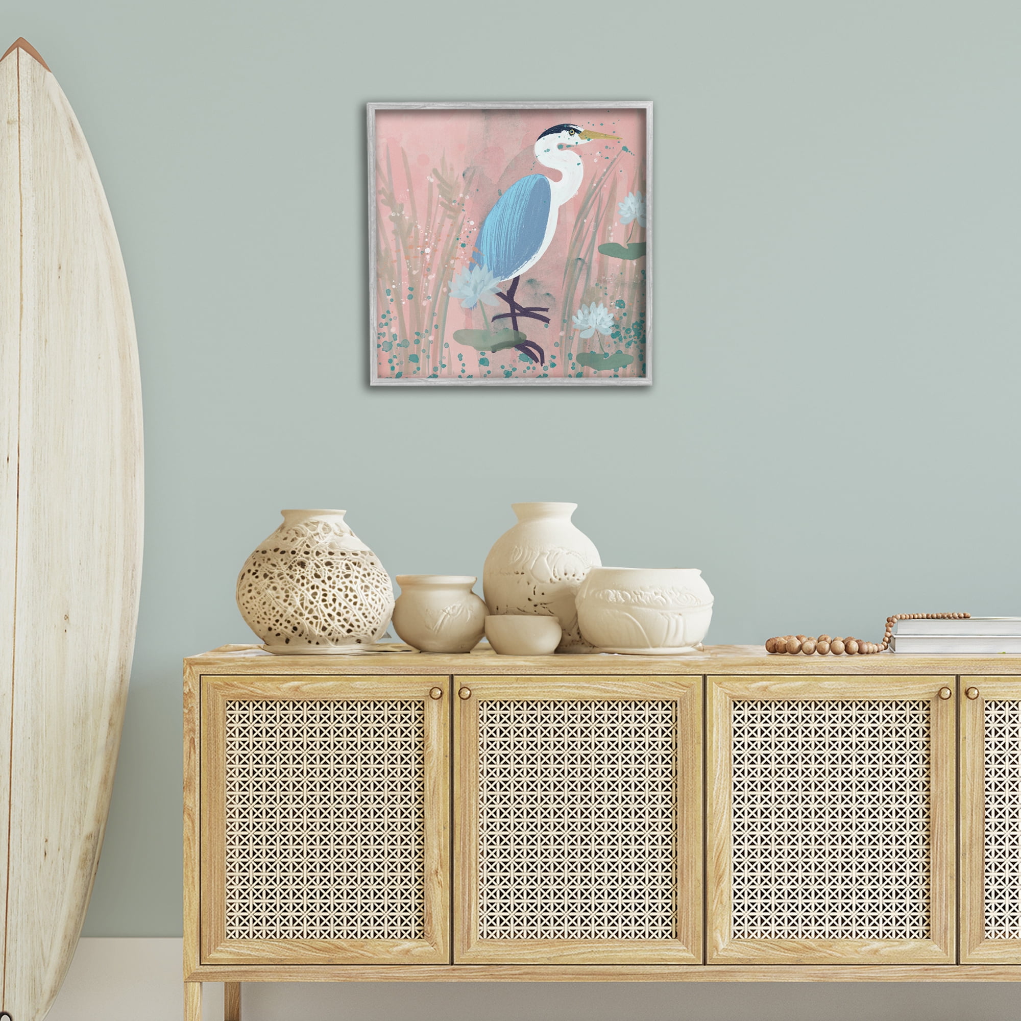 Stupell Industries Coastal Bird with Lotus Flowers Animals & Insects Painting Gray Framed Art Print Wall Art, 24 x 24