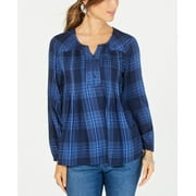 Style & Co Women's Petite Plaid Pleated Top Navy Size Petite Small