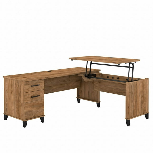 Bush Furniture Somerset 72W 3 Position Sit to Stand L Shaped Desk in Fresh Walnut