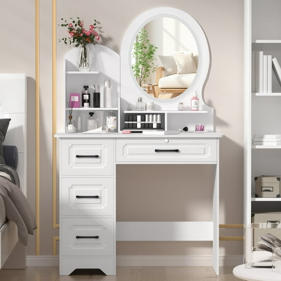 Makeup Desk with Mirror, Large Vanity Desk with Storage Shelves, 4 Drawers, Makeup Vanity Table with Light, Bedroom Dressing Table,White