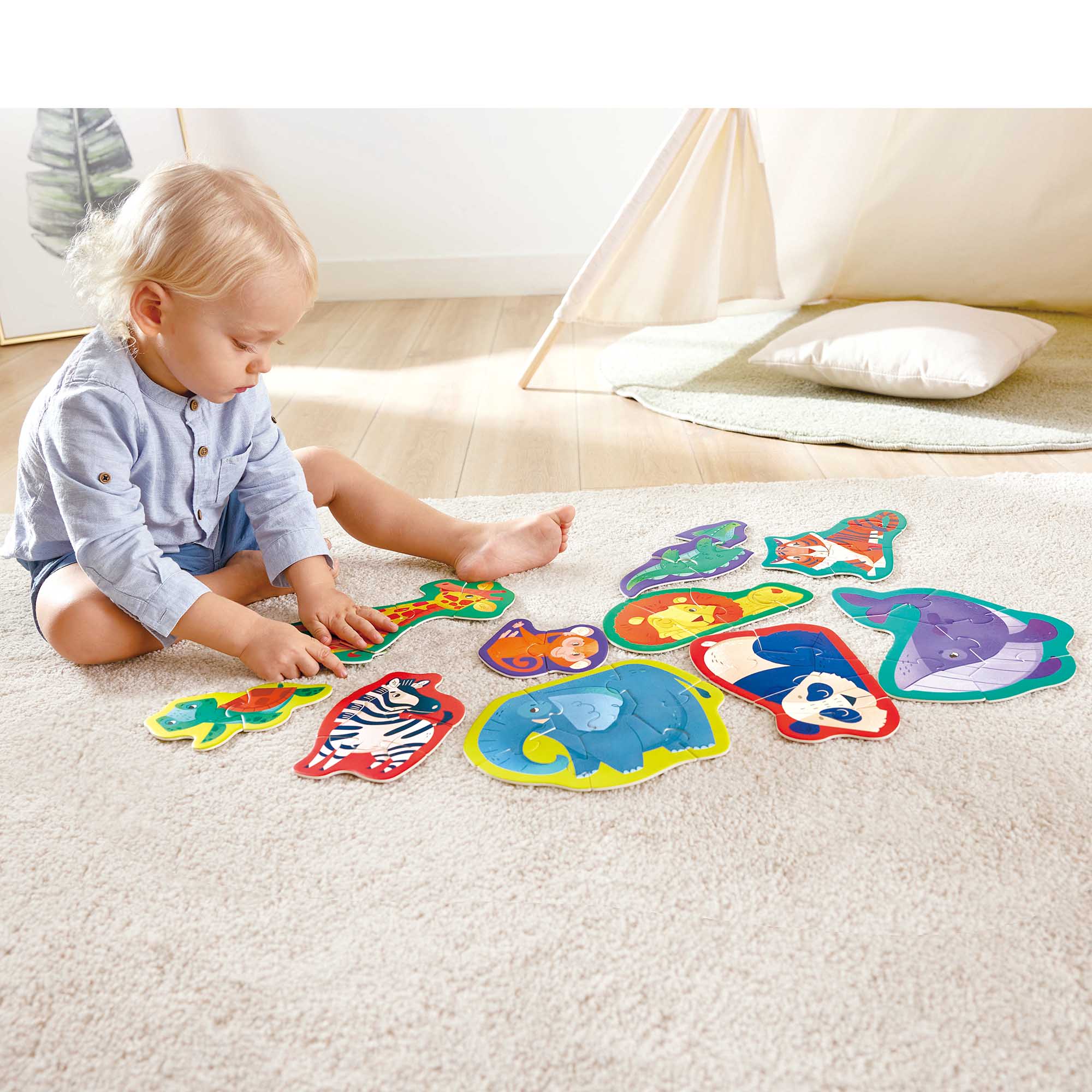 Hape: Jungle Friends Puzzle - 10 Mini Animal Shaped Puzzles, 2-6 Oversized Pieces Each, Colorful Design, Preschool Toy, Toddlers & Kids Ages 18mo+