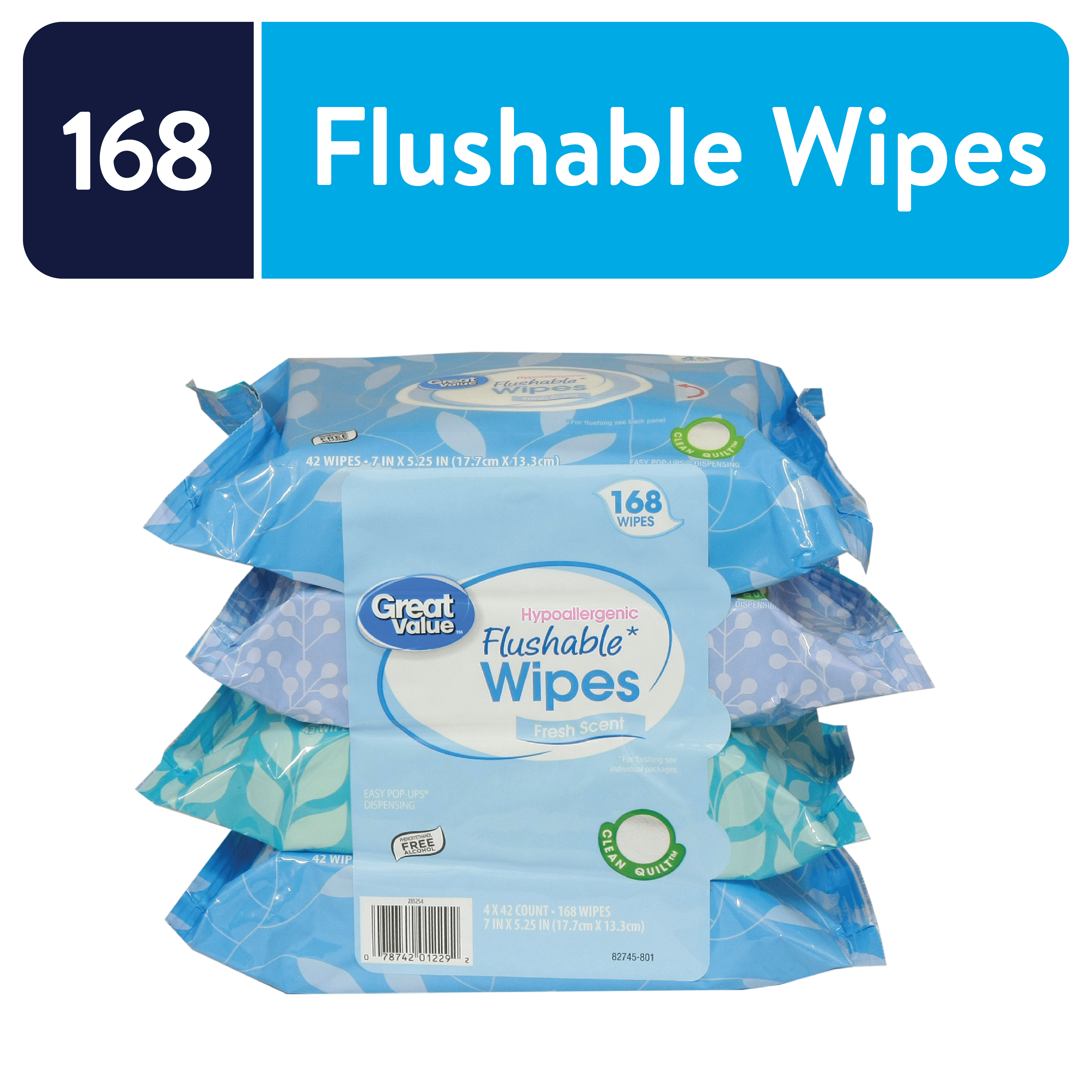Great Value 168 Count Fresh Scent Flushable Wipes, 4 Packs of 42 Wipes