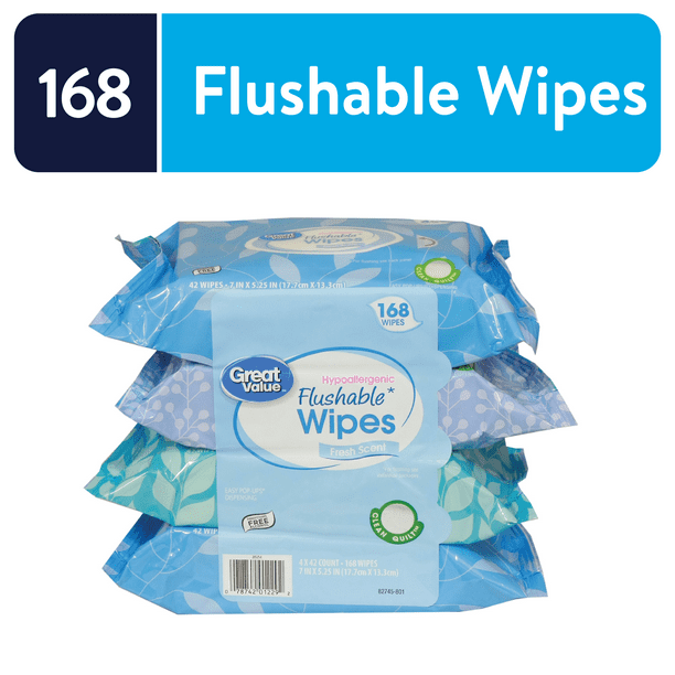 Great Value Fresh Scent Flushable Wipes, 4 Packs of 42 Wipes, 168 Total  Wipes - Walmart.com