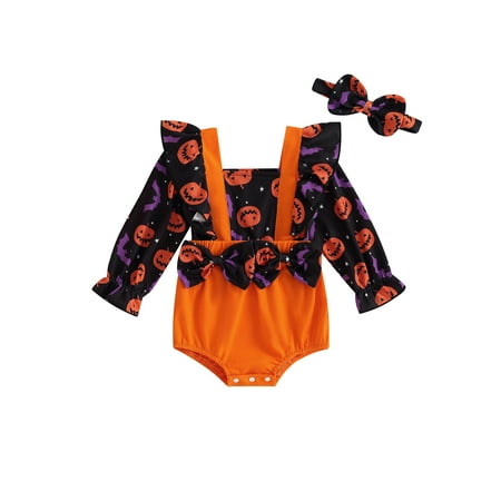 

Qtinghua 2Pcs Newborn Baby Girls Halloween Outfits Long Sleeve Pumpkin Print Ruffle Romper with Headband Clothes Orange 3-6 Months