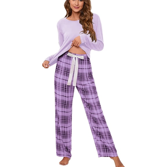 Women's Long Sleeve Top & Drawstring Pants, Purple XL, Breathable 2-Piece Loungewear Plaid Pajama Set