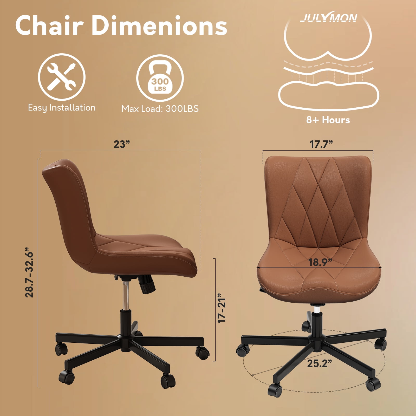 iooHug Armless Office Chair, PU Leather Small Computer Desk Chair with Wheels, Adjustable Swivel Vanity Chair with Memory Foam Cushion, No Arms Task Chair for Home Office, Bedroom, Brown