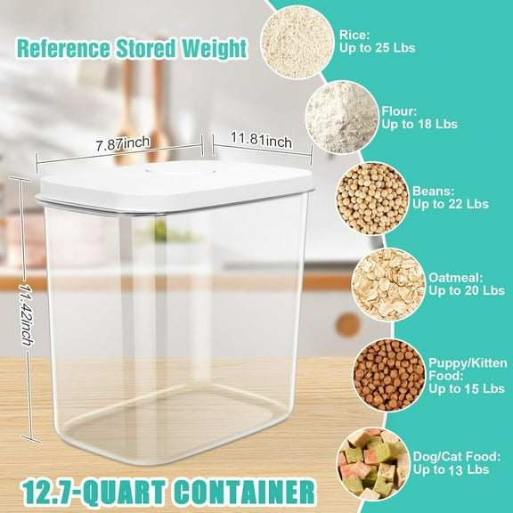 Large Rice Container 25 Lbs with Easy-Carrying Handles -12.7 Qt Flour Storage Container with   Lid & Hanging Hooks for Cleaner Use, Airtight Food Storage Bin for Kitchen Organization