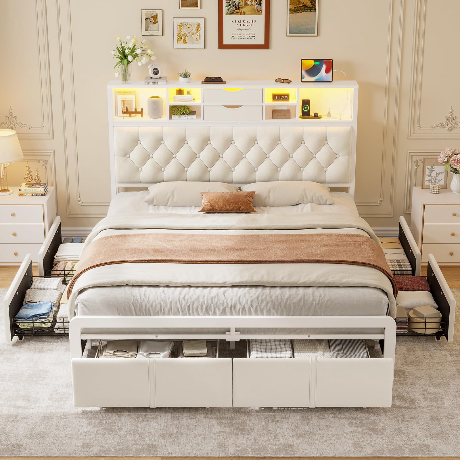 Queen Size Bed Frame with 6 Storage Drawers and Headboard, LED Lights,Charging Station,Velvet Upholstered Queen Platform Bed No Noise, No Box Spring Needed, Easy Assembly, Beige