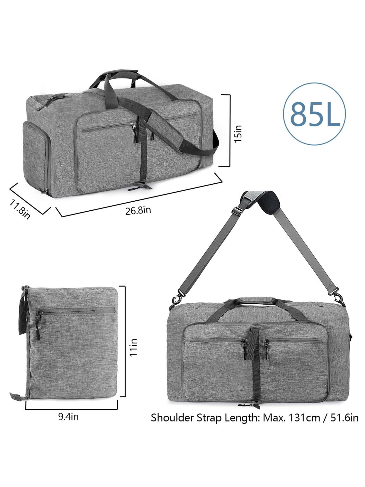 Luxtrada 85L Duffle Bag with Shoes Compartment, 26" Foldable Travel Duffel Bags for Men Women, Large Packable Travel Bag Water Repellent & Tear Resistant (Gray)
