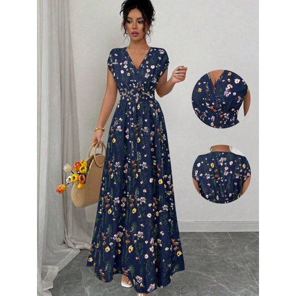 Women's Ditsy Floral V-Neck Sleeveless Waisted Maxi Dress