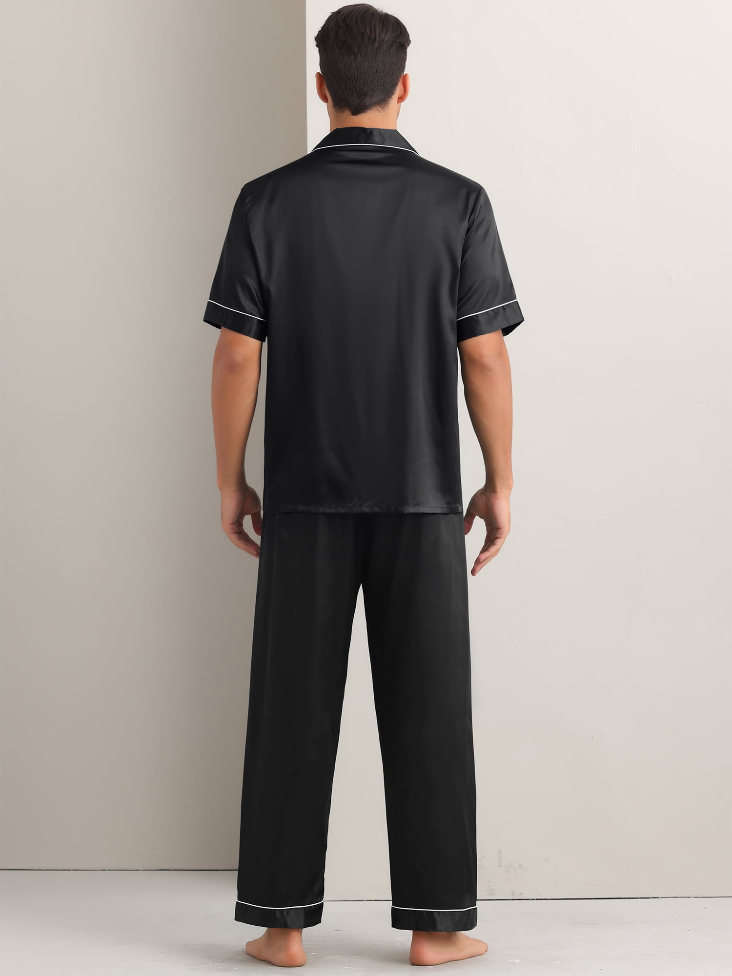 DARING DIVA Men's 2-Piece Pajama Set Button Down Short Sleeve Shirt Pants S Black