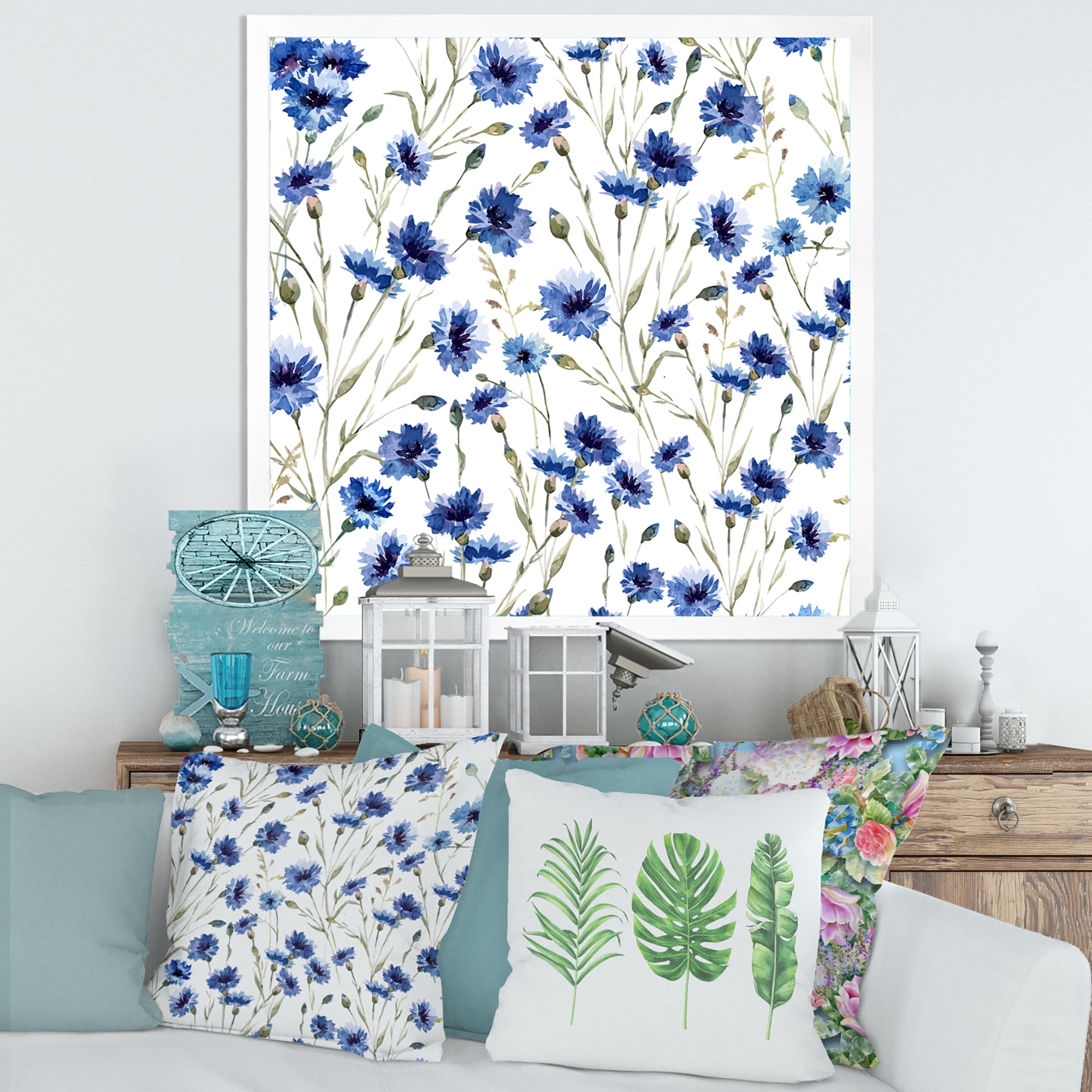 Designart 'Blue Wildflowers With Green Leaves On White' Traditional Framed Art Print