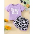 thumbnail image 2 of hirigin Newborn Baby Girl Summer Clothes Letter Print Short Sleeve T-Shirt Tops+Daisy/Rainbow/Leopard Shorts 2pcs Outfit (Purple Leopard,9-12M), 2 of 9