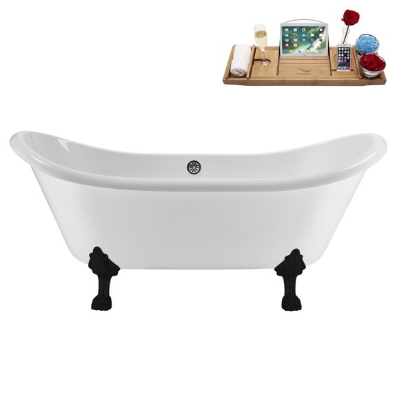 71" Streamline N5100BL-CH Soaking Clawfoot Tub and Tray With External Drain in Polished Chrome and Matte Black Clawfeet