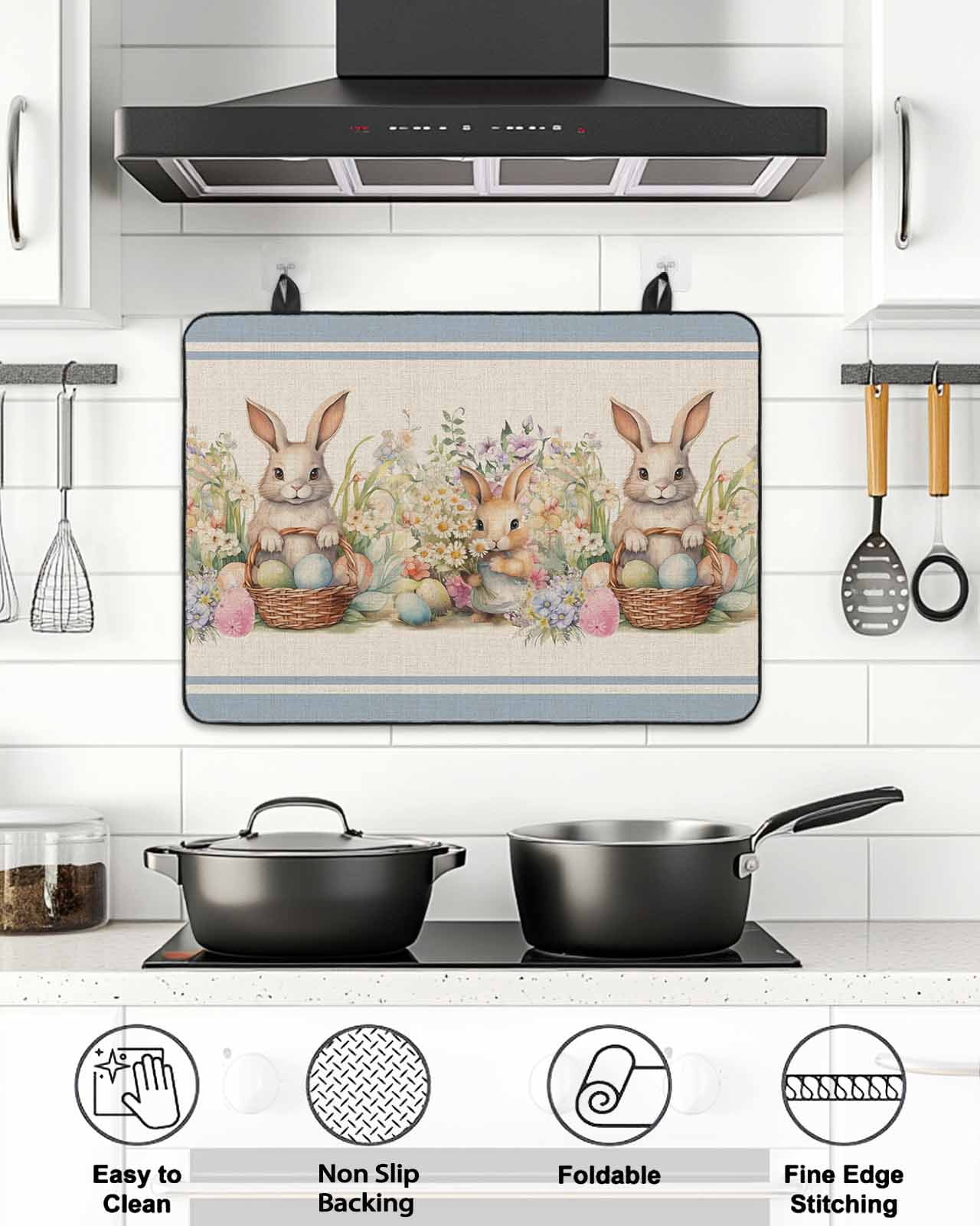 Stove Top Covers for Electric Stove, Easter Bunny Blue, Glass Stovetop Cover Protector, Rustic Daisy Flower Easter Basket Egg Induction Cooktop Protector Oven Mat for Kitchen Countertop 24"x21"