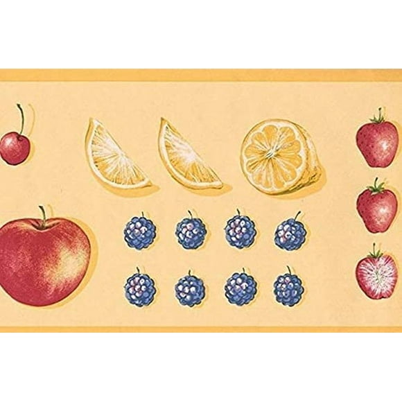 Concord Wallcoverings Wallpaper Border Fruits Pattern Apples Lemons Berries Cherry for Kitchen Farmhouse, Yellow Green Red Blue, 7 Inches by 15 Feet 5802327