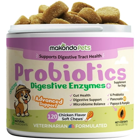 Dog Probiotics   Digestive Enzymes - 120 Soft Chews, Diarrhea & Gas Support