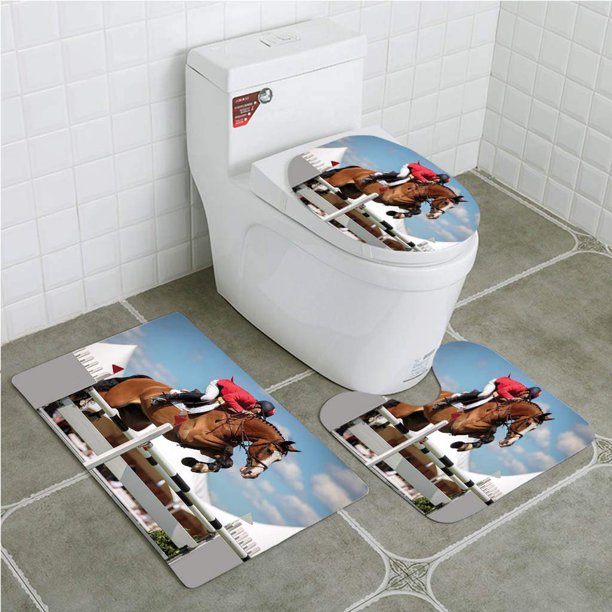 ABPHQTO Salto de caballos Competición de carreras de caballos y deportistas Rendimiento Éxito Ganar Juego de alfombras de baño de 3 piezas Alfombra de baño Alfombra de contorno y tapa de inodoro ABPHQTO Cont-CHAPPLE-24142