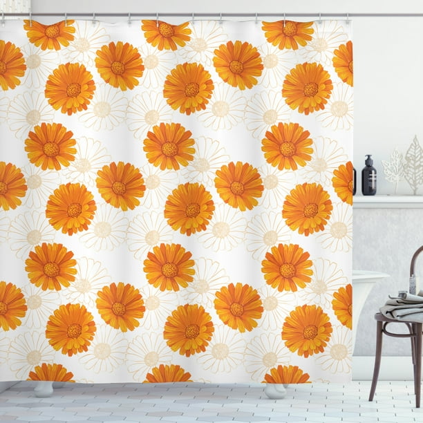 Burnt Orange Shower Curtain, Blooming Calendula Flowers Watercolor