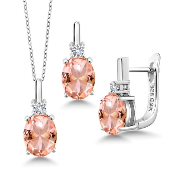Gem Stone King 6.05 Ct Peach Nano Morganite White Created Sapphire 925 Silver Pendant and Earrings Jewelry Set