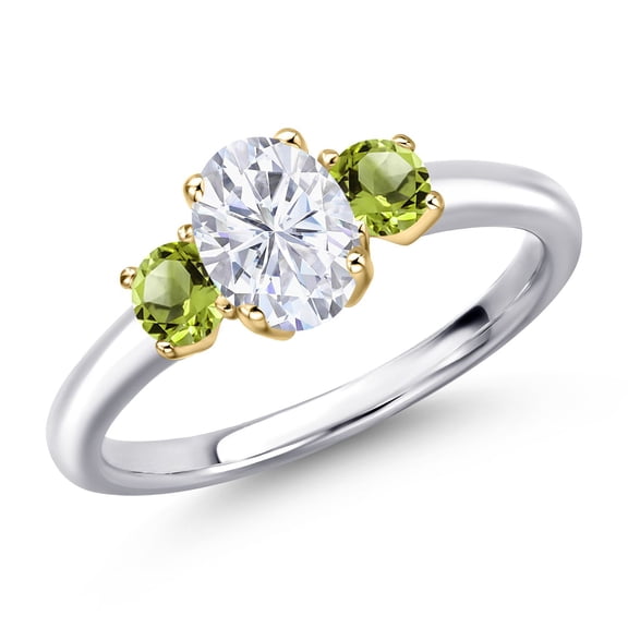 Gem Stone King 925 Silver and 10K Yellow Gold White Moissanite and Green Peridot Engagement Ring for Women | 1.31 Cttw | Oval 7X5MM | Gemstone Birthstone | Size 8