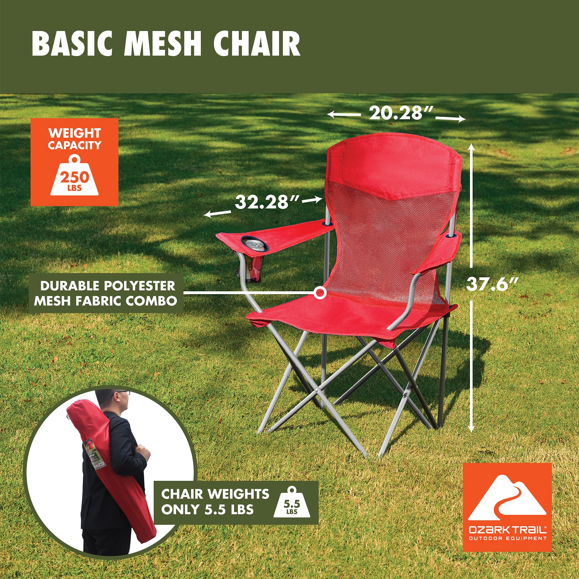 Ozark Trail Red Mesh Chair Lightweight Foldable Camping Chair with