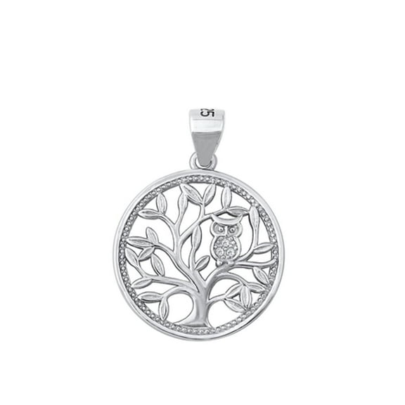 Sterling Silver Owl Tree Of Life Circle Pendant Clear CZ Fantasy Charm 925 New Jewelry Female