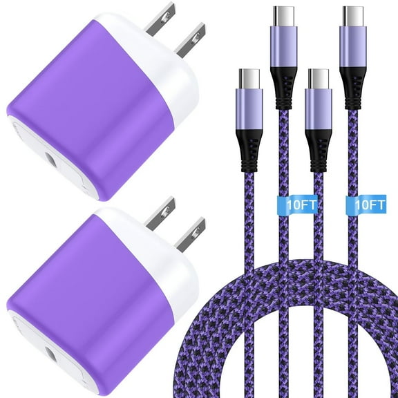 USB C Charger,AILKIN 2PACK Charging Block Type C with 2PACK Type C Cables 10ft 20W PD Type C Charger 10ft USB C Block Plug Fast Android Phone Charger Block with Usb C Charging Cable 10ft,Purple