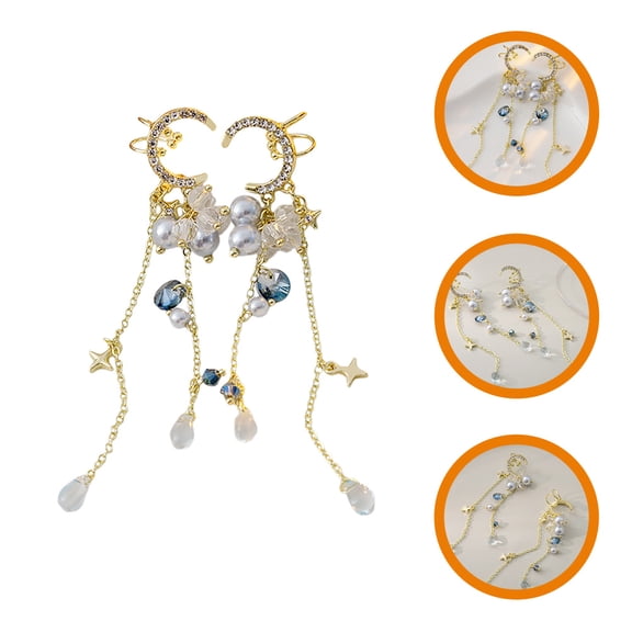 NICEXMAS 1Pair Clip on Earrings Moon and Star Design Tassel Chain Alloy Material Fashion Jewelry