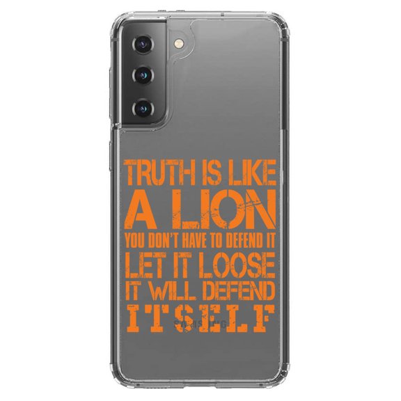 DistinctInk Clear Shockproof Hybrid Case for Galaxy S21  PLUS 5G (6.7" Screen) - TPU Bumper Acrylic Back Tempered Glass Screen Protector - Truth is Like Lion - Don't Have to Defend