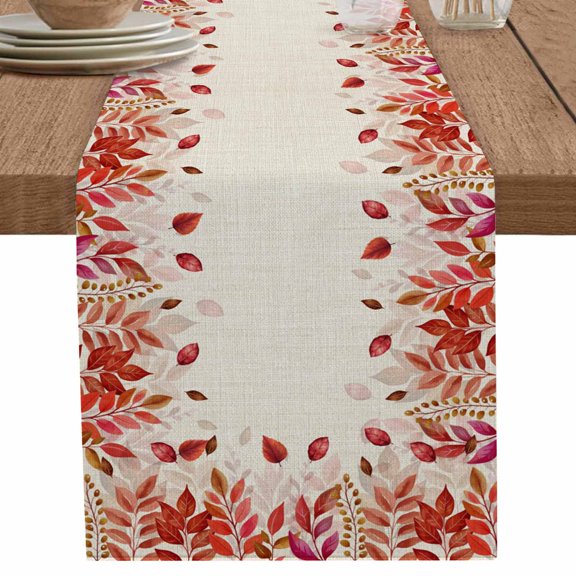 Red Leaves on Vintage Linen Table Runner-70 Inch Long Summer Watercolor Leaf Table Runners Linen Burlap Tablerunner for Kitchen Dining Room Holiday Party