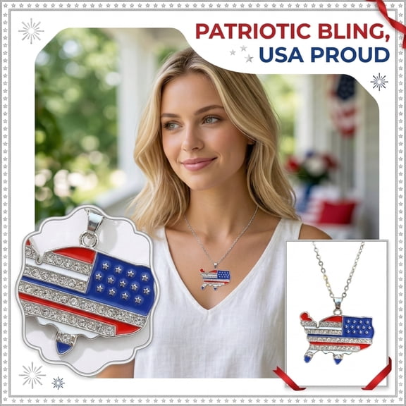 KUNPENG Independence Day Necklace Men and Women Jewelry, 4 of July Necklace with American Flag Stars Pendant, Creative Independence Day Earrings Match, Patriotic Rhinestone USA Map Charm Decor