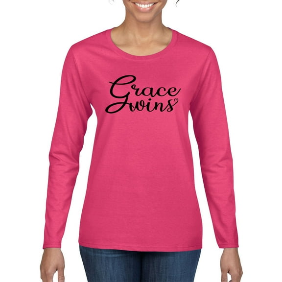 Wild Bobby Grace Wins Script Inspirational/Christian Women Graphic Long Sleeve Tee, Fuschia, Small