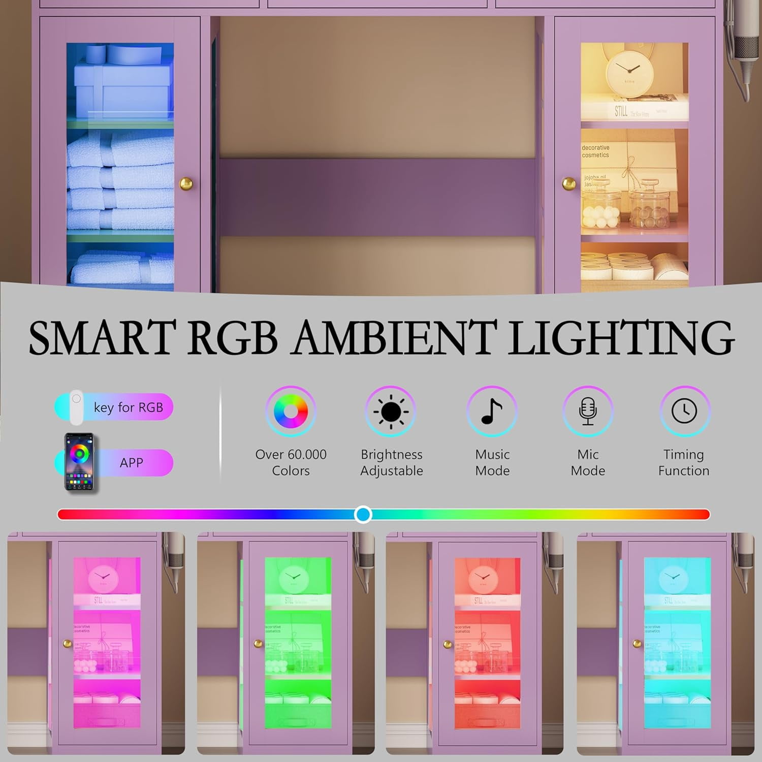 FANRAL Makeup Vanity with Mirror and Lights,Glass Top Vanity Desk with RGB Cabinets,43.5" Large Dressing Table for Women Bedroom,Purple Vanity