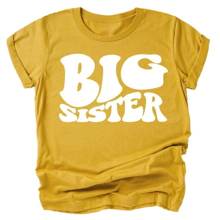 

Olive Loves Apple Big Sister Retro Wavy Matching Sibling Shirts White on Mustard Shirt 3T