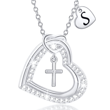 APSVO 18K White Gold Plated Love Heart Initial Cross Necklaces for Women Girls CZ S925 Sterling Silver Letter S Pendant Birthday Valentines Day Jewelry Gifts Teen Her Girlfriend Adults Kids Age Ideas