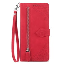 Dteck for iPhone 16 Plus Wallet Case with Credit Card Holder Zipper Pocket, Magnetic Flip Folio Book PU Leather Phone Case Shockproof Wristlet Strap Cover for Women Men, Red