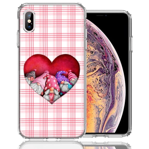 MUNDAZE for Apple iPhone XS/X Valentine's Day Garden Gnomes Heart Love Pink Plaid Double Layer Phone Case Cover