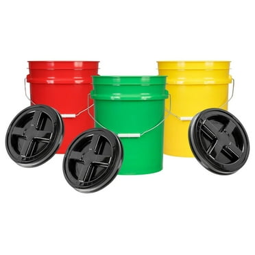 Nestora 5 Gal Plastic Buckets Food Grade BPA Made in USA pails with Screw On Gasket Lids - Pack of 3 - Yellow Green Red