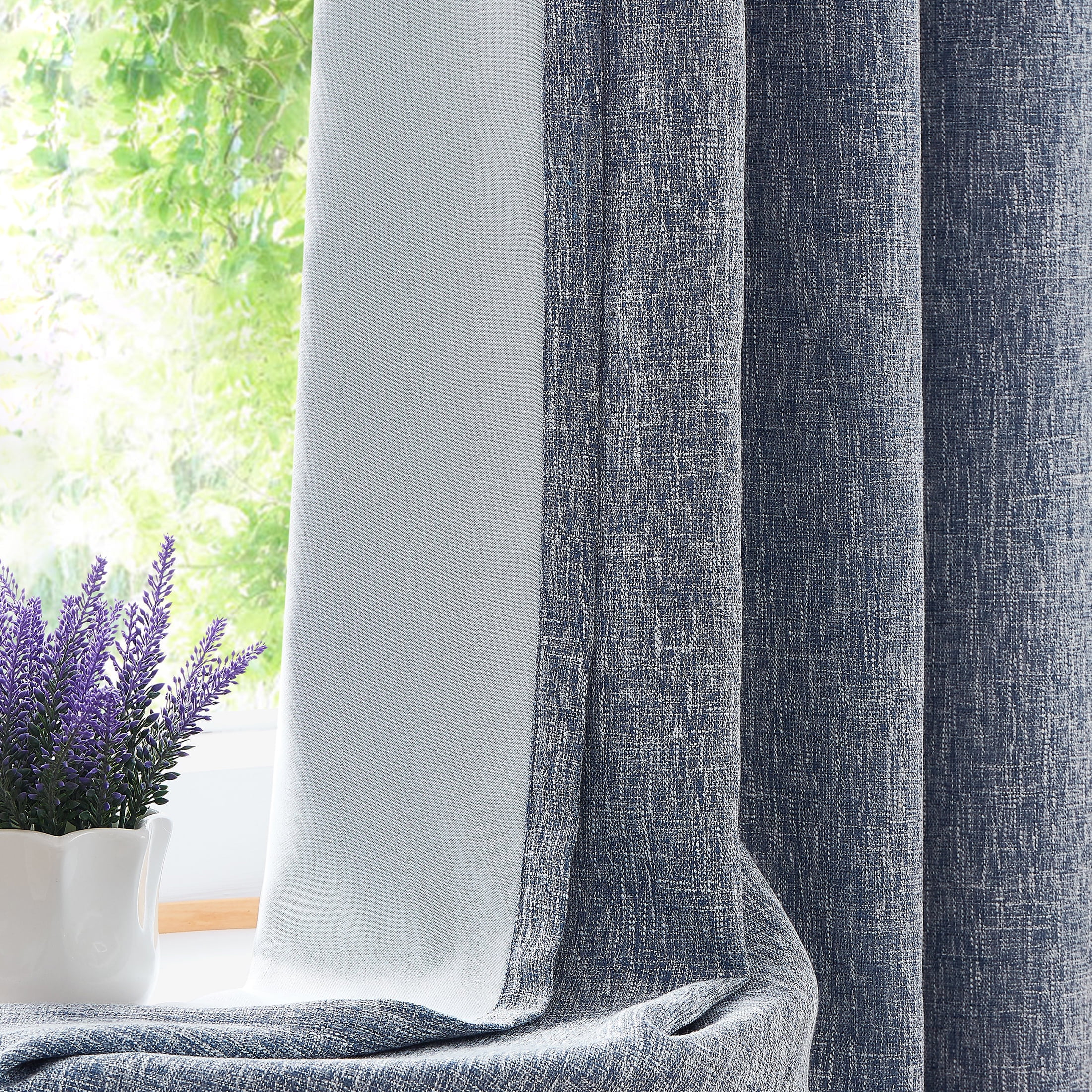 Uptown Home Navy Blue Solid Heavy Linen Textured Full Blackout Curtain Panle for Bedroom Living Room Office with Gray Liner, Grommet, 50"x84"x2
