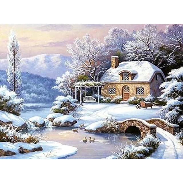 GATYZTORY-Cuadro de pintura de diamante redondo y cuadrado para niños y adultos, mosaico de punto de cruz, casa de nieve, regalo para el hogar