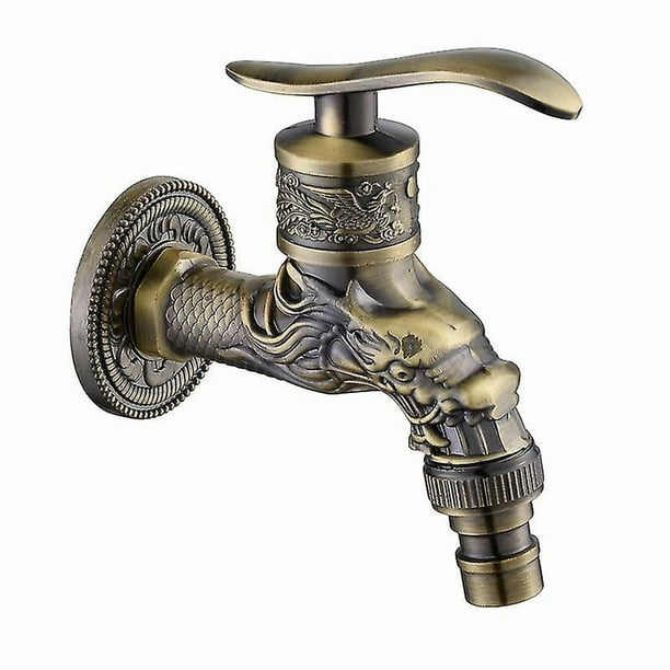 Vintage Brass Wall Mounted Faucet - G1/2" Outdoor Garden Faucet, Antique Brass Faucet, Dragon Carved Antique Brass Faucet