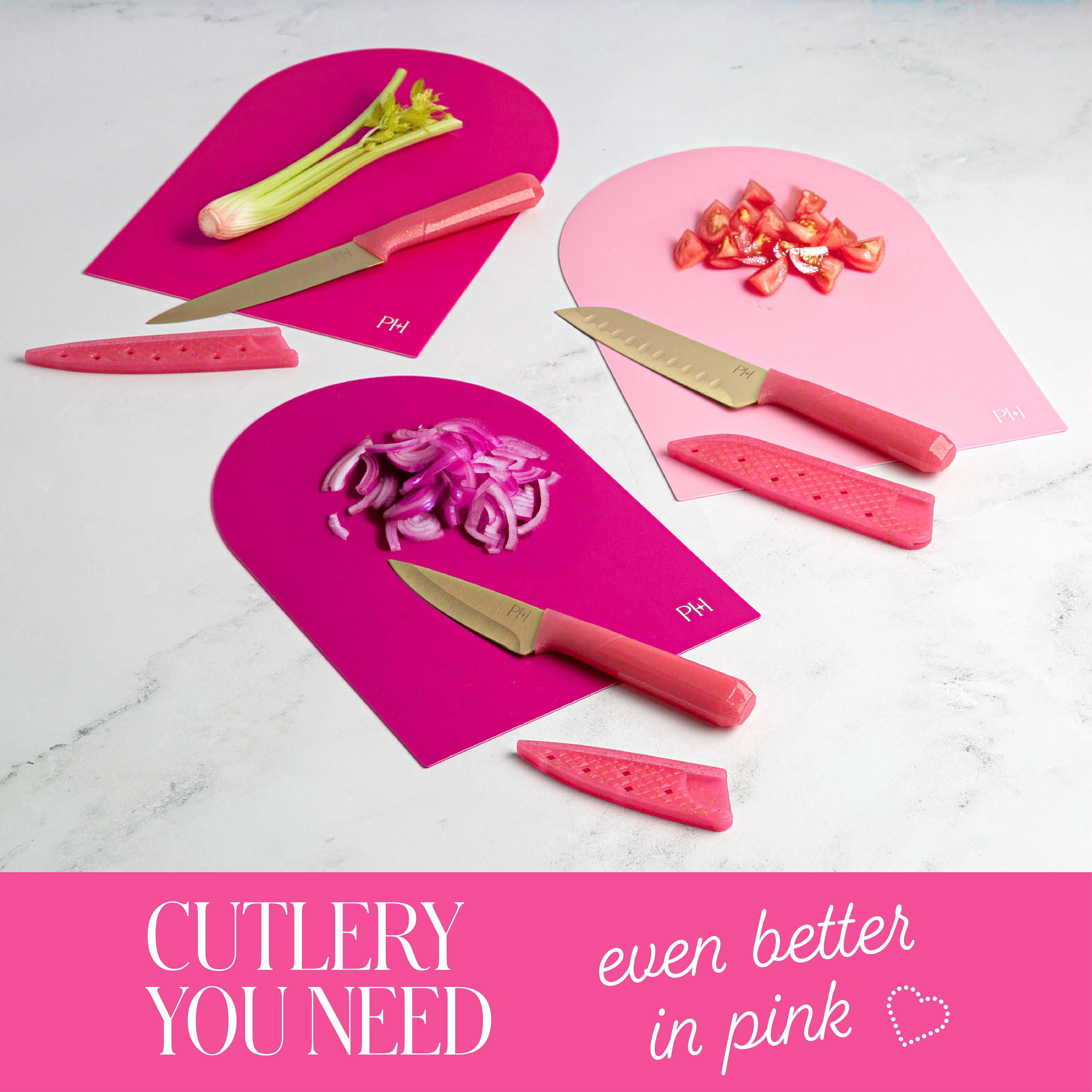 Paris Hilton 20-Piece Cutlery Set, High-Carbon Stainless Steel Blades, Faceted Glitter Handles, Blade Guards & Cutting Mats, Pink